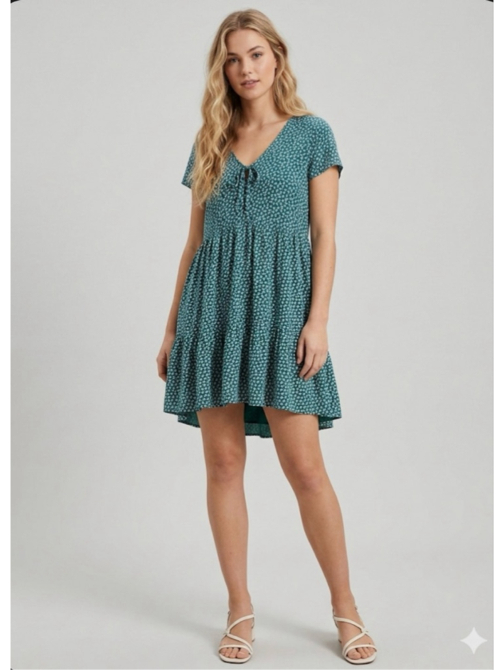 American Eagle Teal White Floral Babydoll Mini Dress M